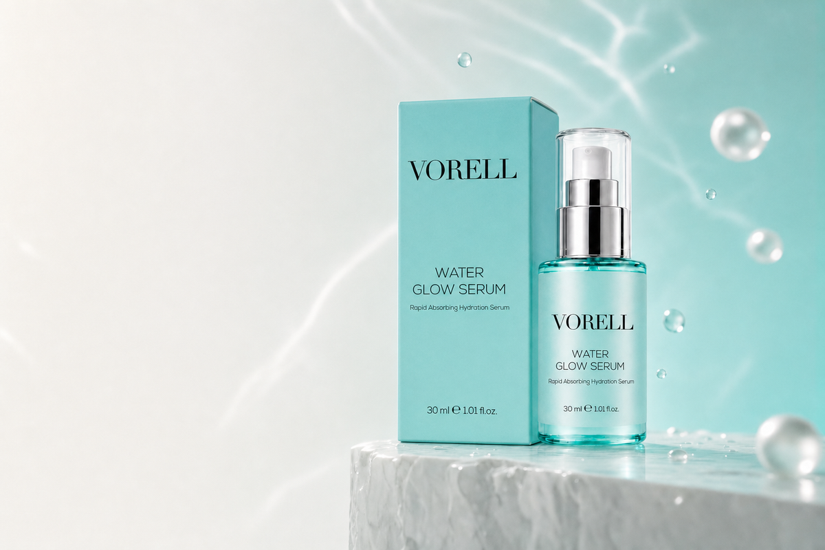 Water Glow Serum 30 ml turkuaz cam sise — yatay banner gorseli, solda bos alan