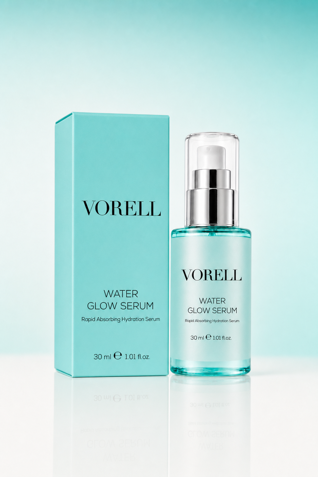 Water Glow Serum 30 ml turkuaz cam sise — studyo urun fotografi