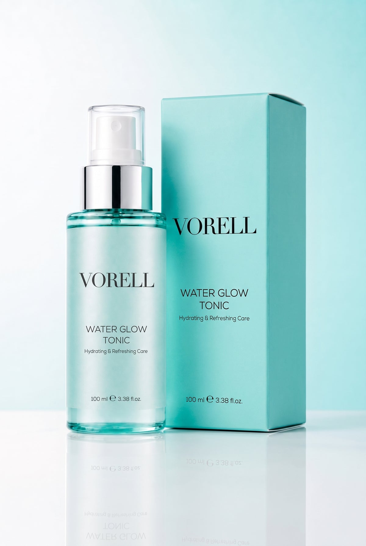 Water Glow Tonic 100 ml turkuaz sise — studyo urun fotografi