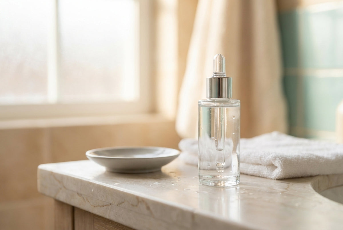 Mermer yüzeyde etiketsiz cam damlalıklı serum şişesi ve katlanmış havlu