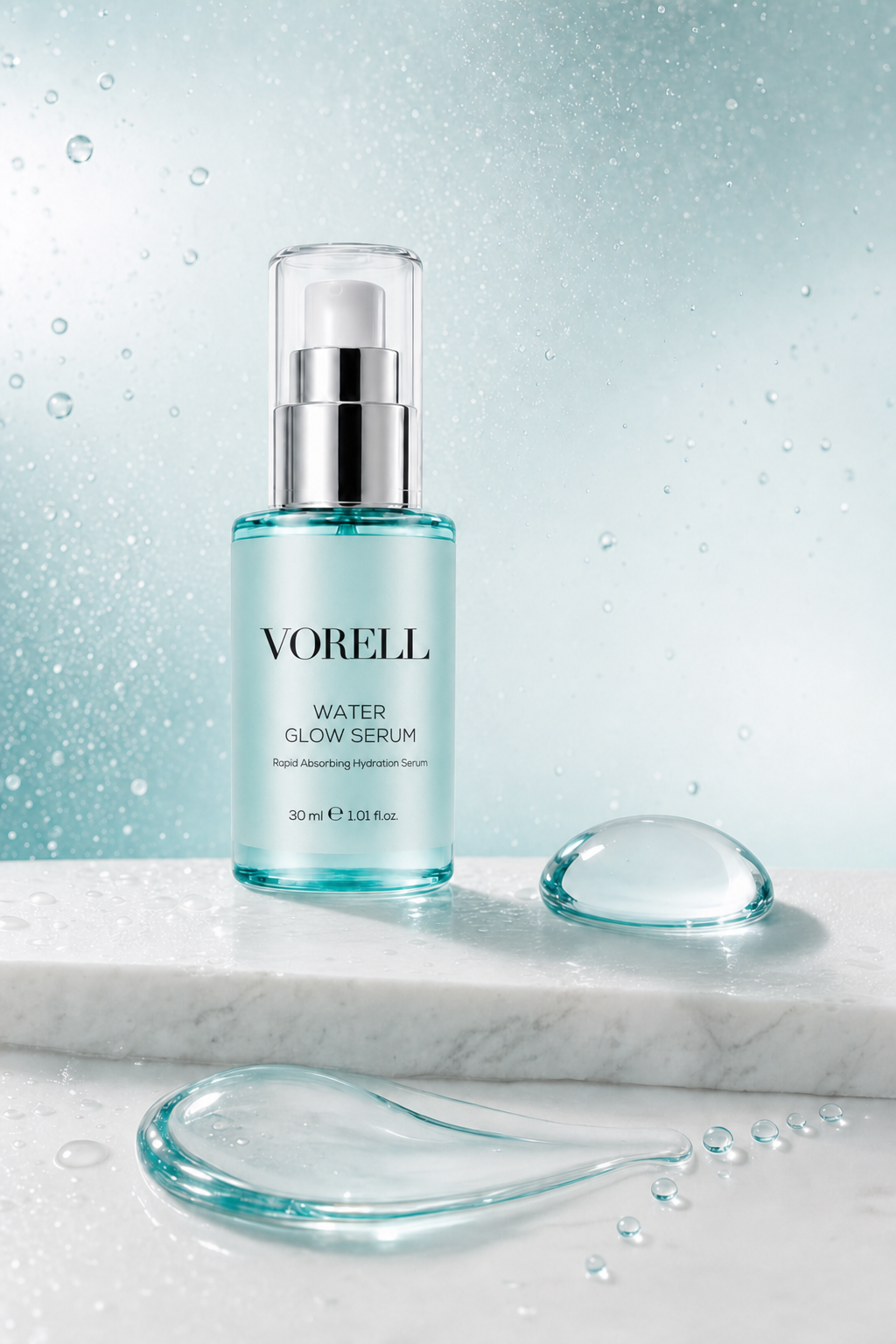 Water Glow Serum 30 ml serum damlasi ve ipeksi surme dokusu — doku detayi