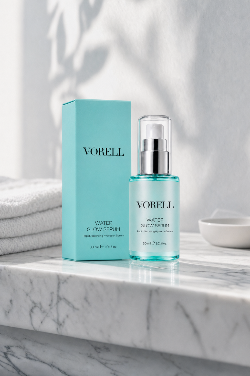 Water Glow Serum 30 ml mermer banyo rafinda havlu ve seramik kase ile — yasam tarzi kare