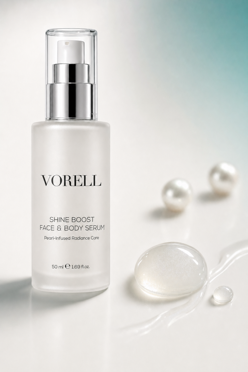 Shine Boost Face & Body Serum 50 ml sedefli serum damlasi ve inci dokusu — doku detayi