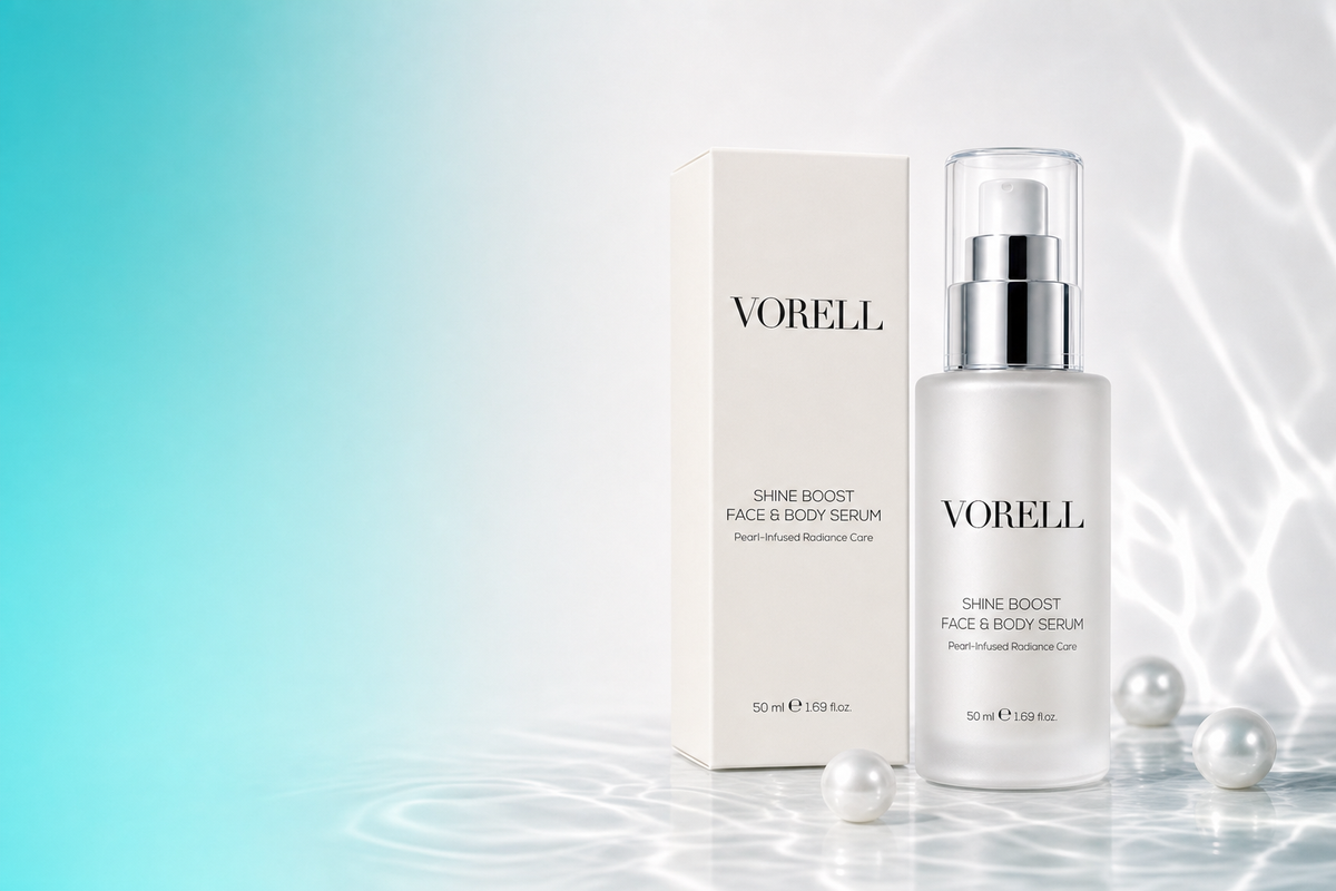 Shine Boost Face & Body Serum 50 ml sedef beyaz sise — yatay banner gorseli, solda bos alan
