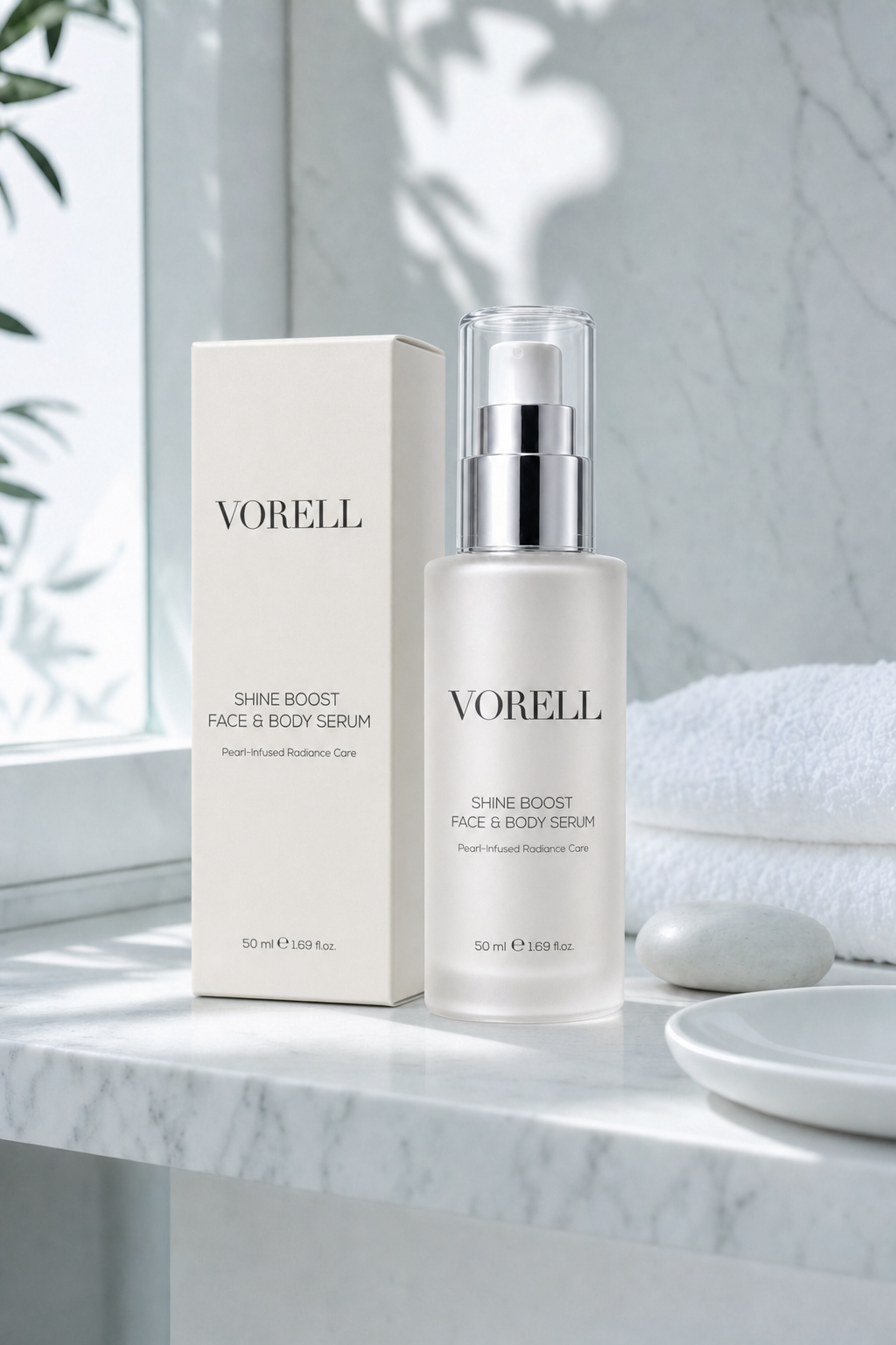 Shine Boost Face & Body Serum 50 ml mermer tezgahta havlu ve tas proplarla — yasam tarzi kare