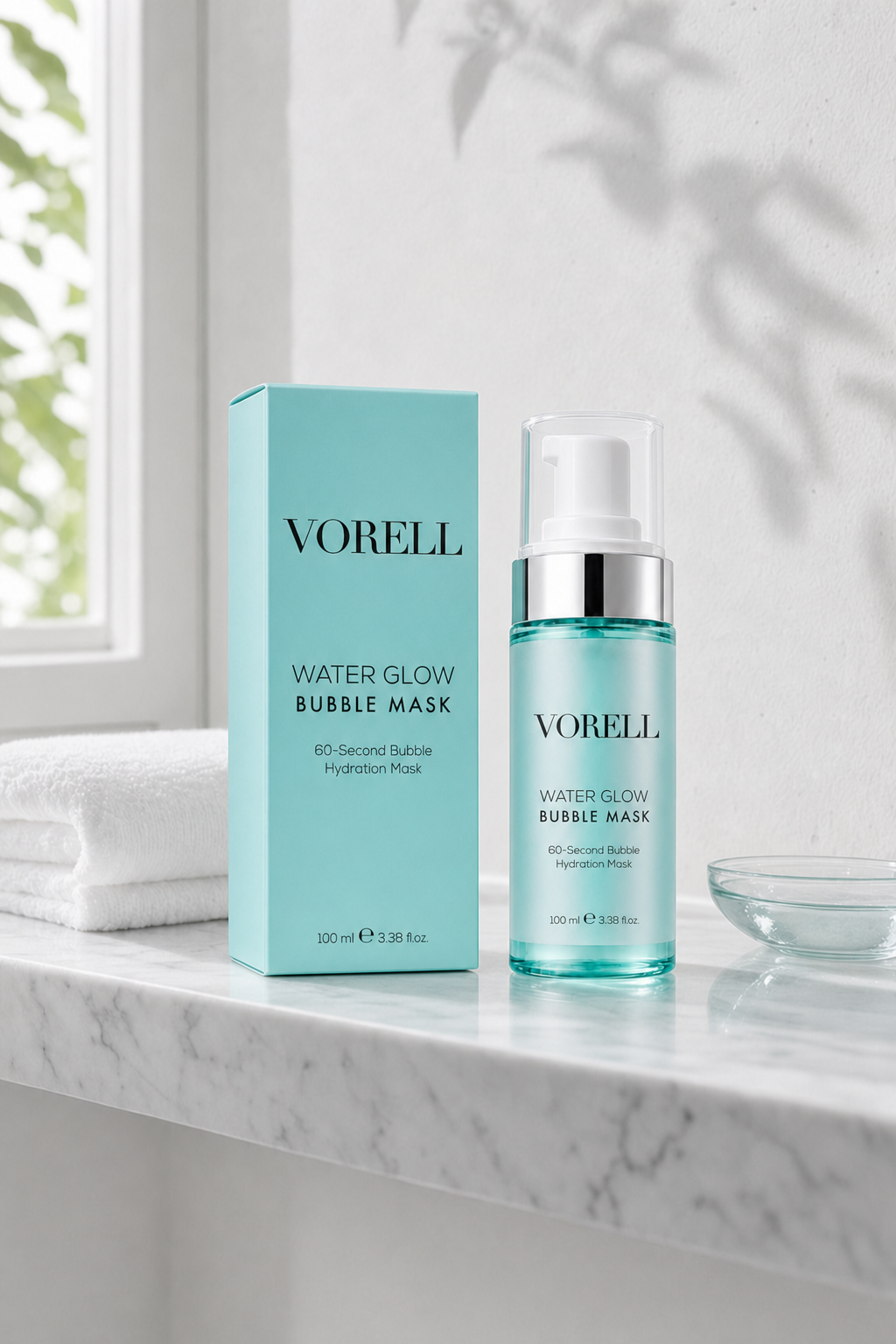 Water Glow Bubble Mask 100 ml mermer banyo rafinda havlu ve cam kase ile — yasam tarzi kare