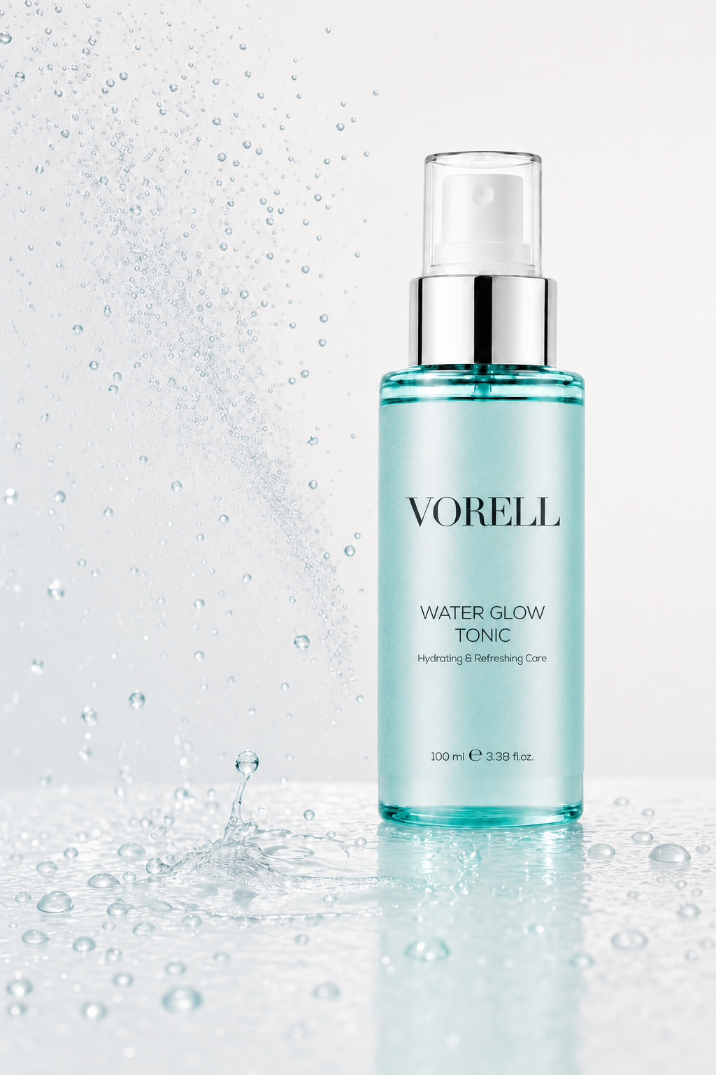 Water Glow Tonic 100 ml sise su damlaciklari ve mist dokusu icinde — doku detayi