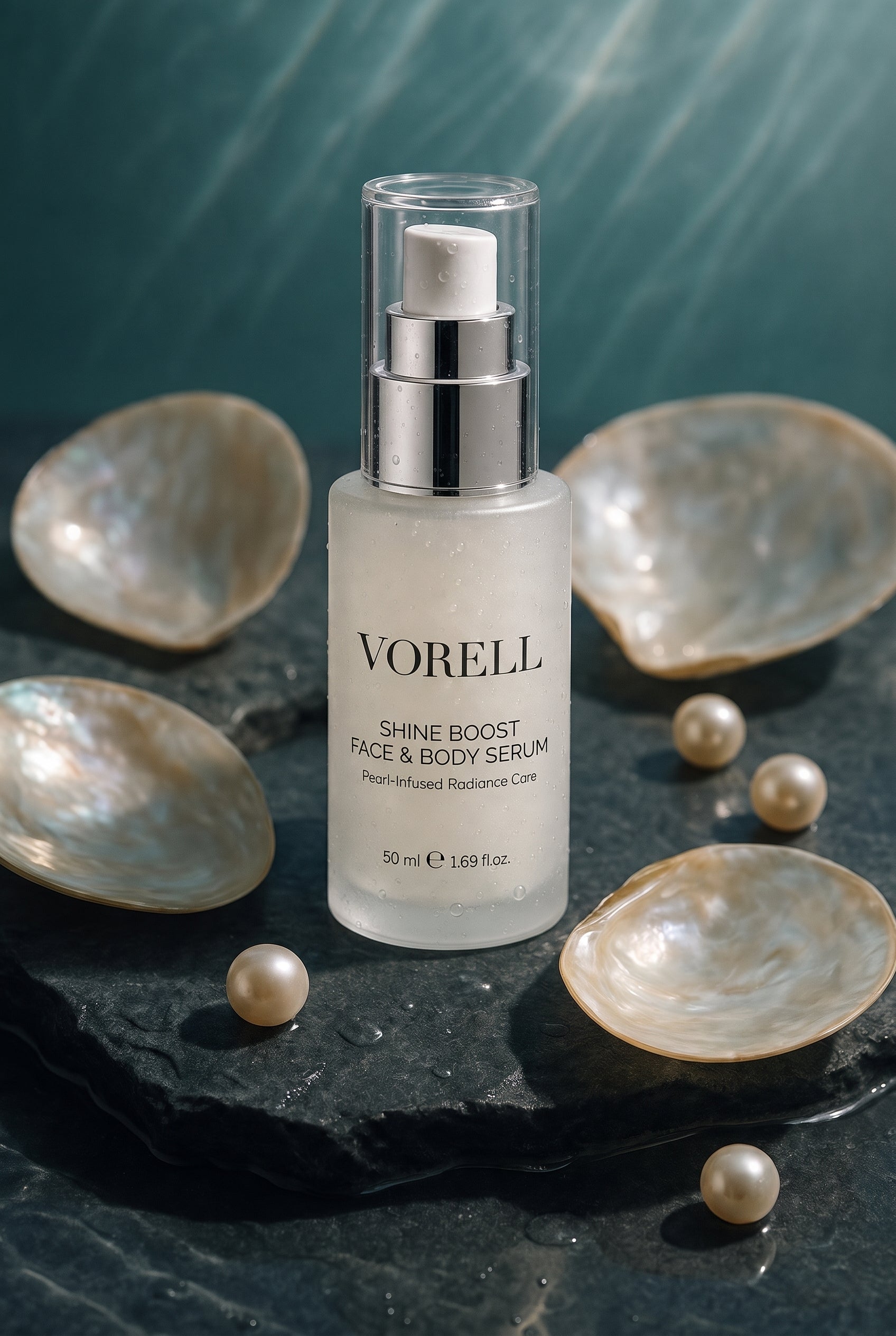Sedef kabukları ve inciler arasında, ıslak deniz taşında buzlu cam serum şişesi